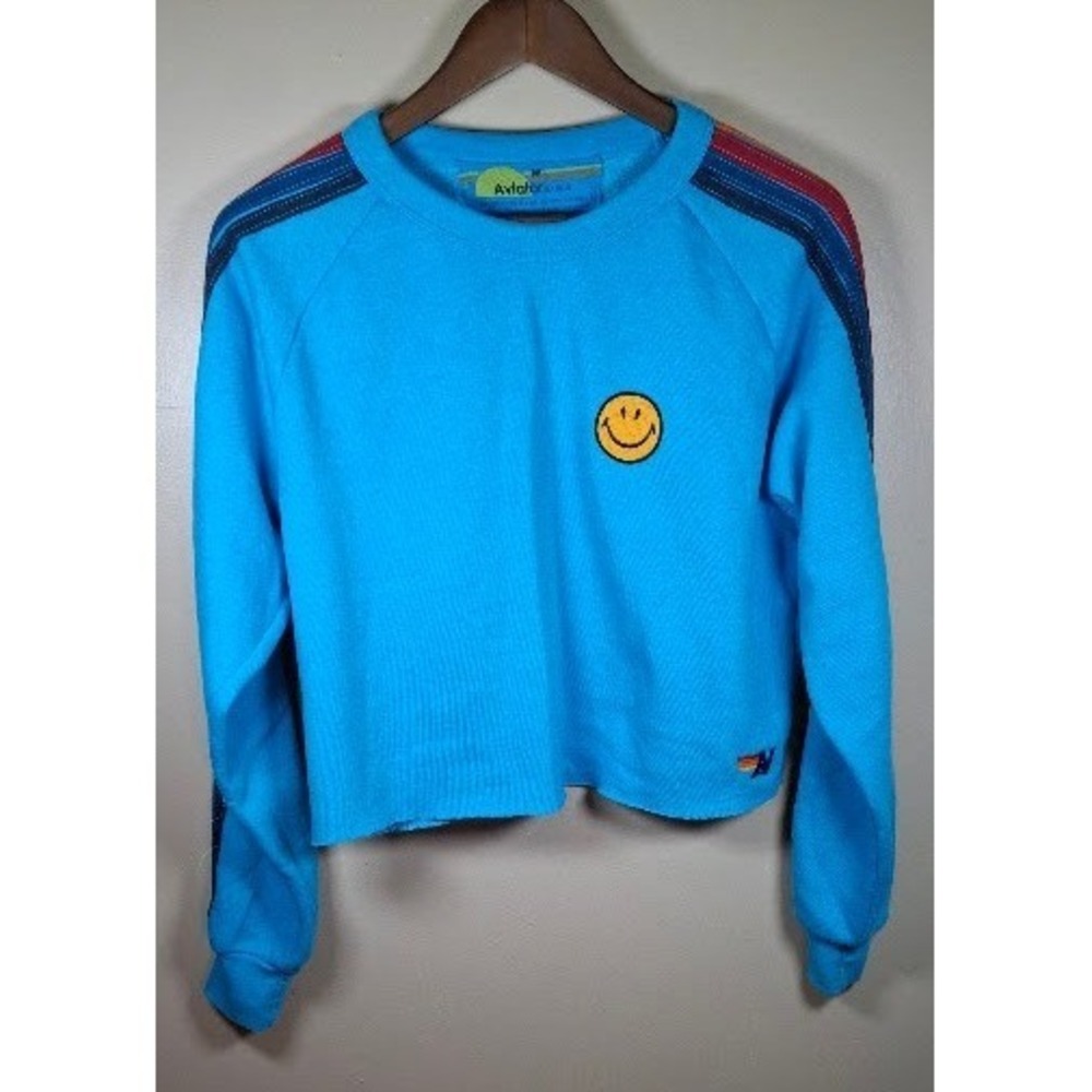 Aviator Nation Smiley Face Rainbow Stripe Cropped Sweatshirt Blue Size M